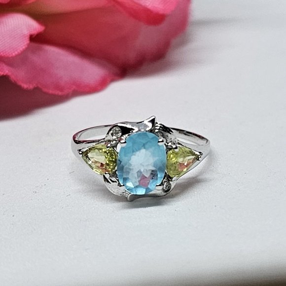 Signed YJ Blue Topaz & Peridot Gem Stones 10K White Gold Ring Size 7 - Picture 5 of 12